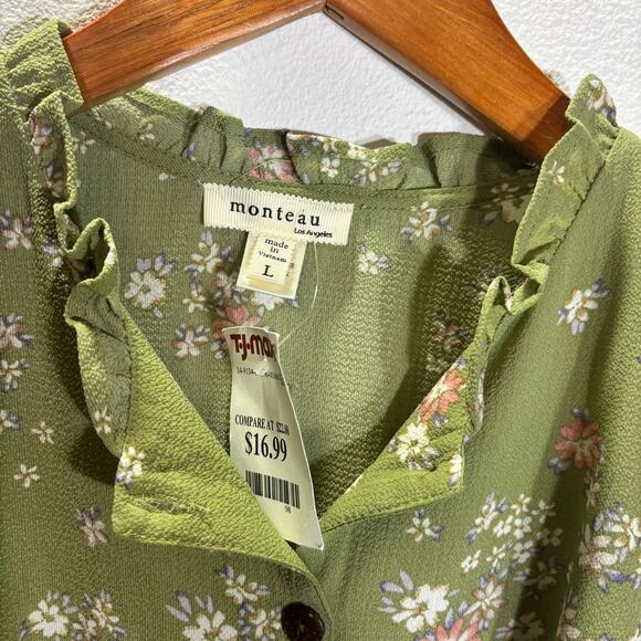 Monteau Floral Midi Dress L Green Button Front Belted Cottagecore Prairie - Picture 2 of 6